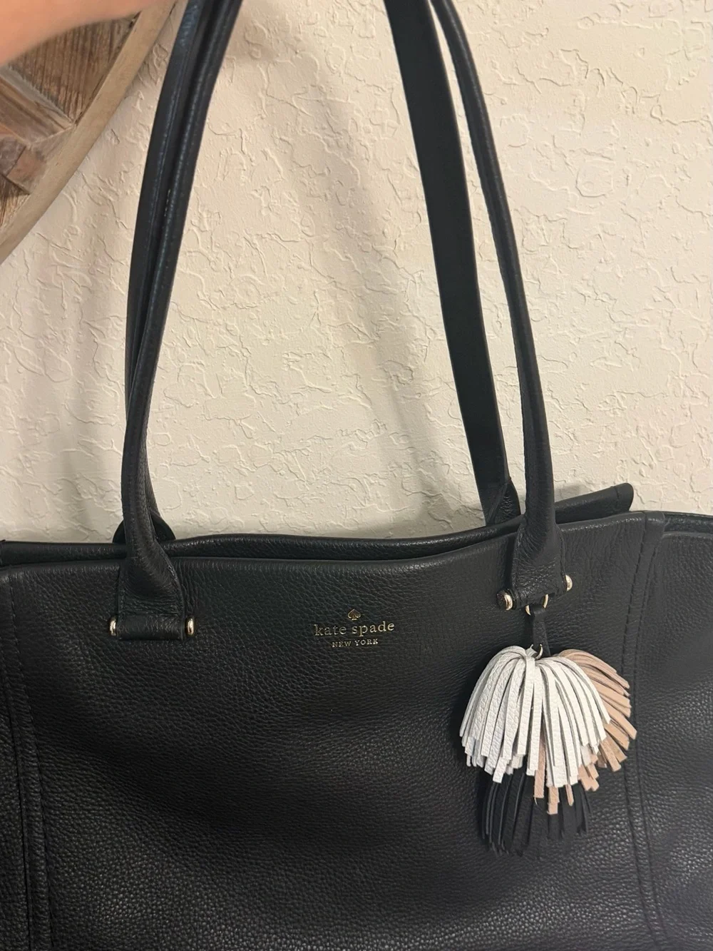 kate spade Black Leather Tote with Multi-Tassel Charm